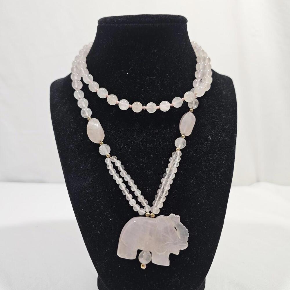 Rare Vtg Art Deco Carved Rose Quartz Elephant With Real Gold Beads